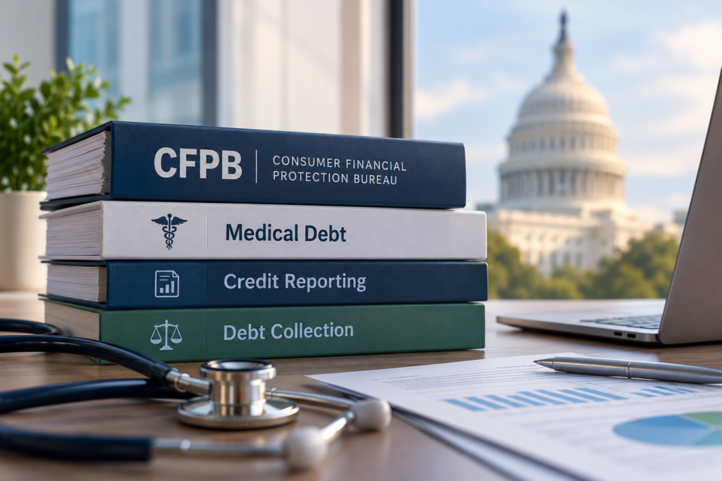 Medical debt and CFPB regulatory documents beside a stethoscope with the U.S. Capitol in the background.