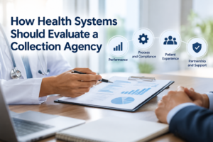 Healthcare professional reviewing collection agency performance, compliance, patient experience, and partnership criteria for a health system.