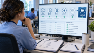 Healthcare staff member reviewing patient account readiness for bad debt collections on a workflow dashboard.