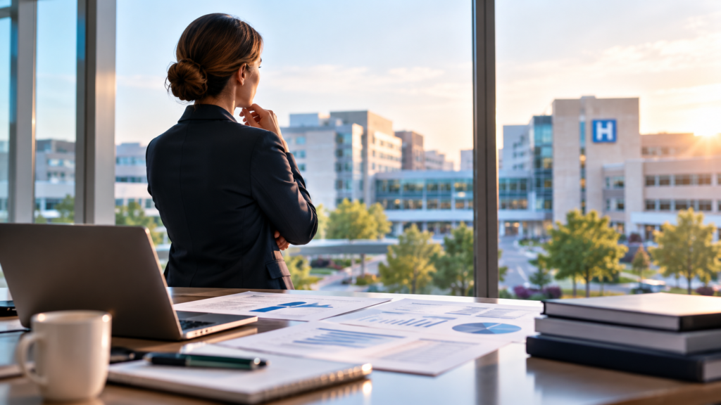 Hospital revenue cycle executive reviewing financial performance and collection strategy with a hospital campus in the background.