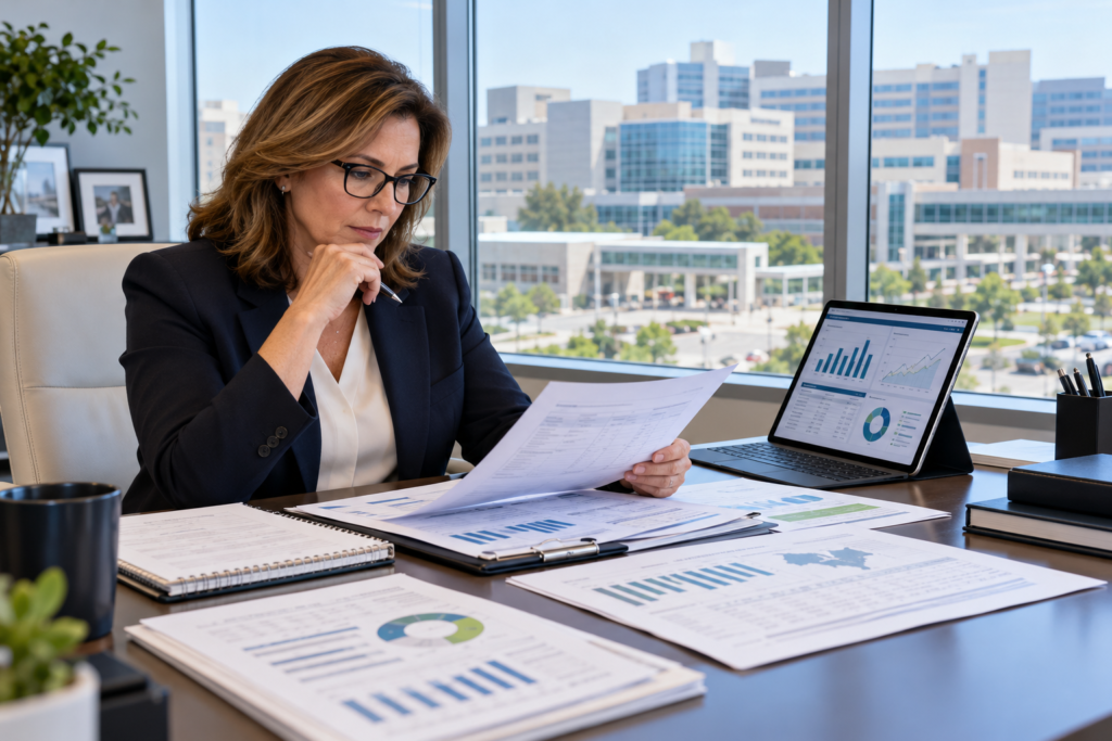 Hospital revenue cycle executive reviewing collection agency performance reports and financial data, with a large hospital campus visible through the office windows.