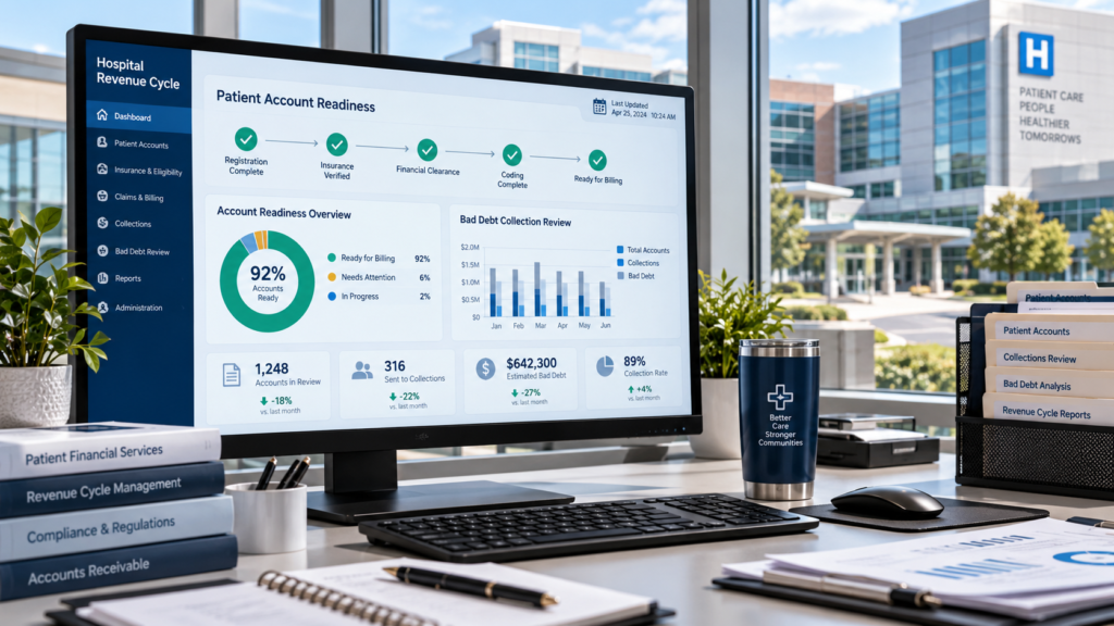 Hospital revenue cycle dashboard displaying patient account readiness, insurance verification, financial clearance, and bad debt collection data, with a hospital campus in the background.
