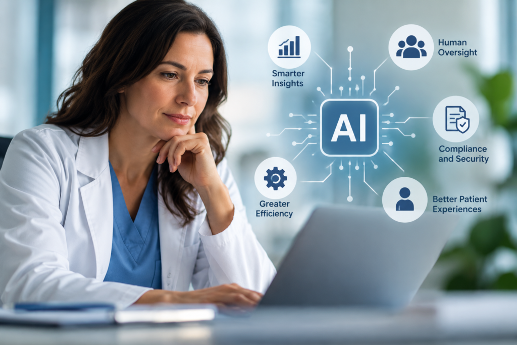 Healthcare professional reviewing AI-supported insights on a laptop, with icons representing human oversight, compliance, security, efficiency, and patient experience.